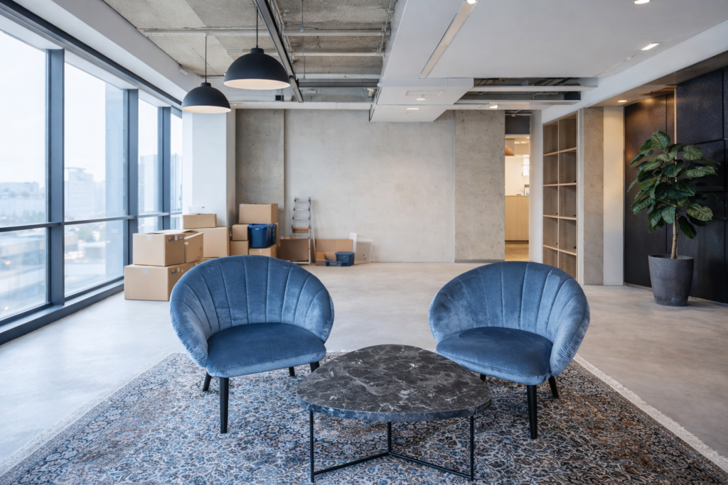 designmeubels die worden opgekocht vanuit kantoorinterieur tijdens professionele kantoorontruiming