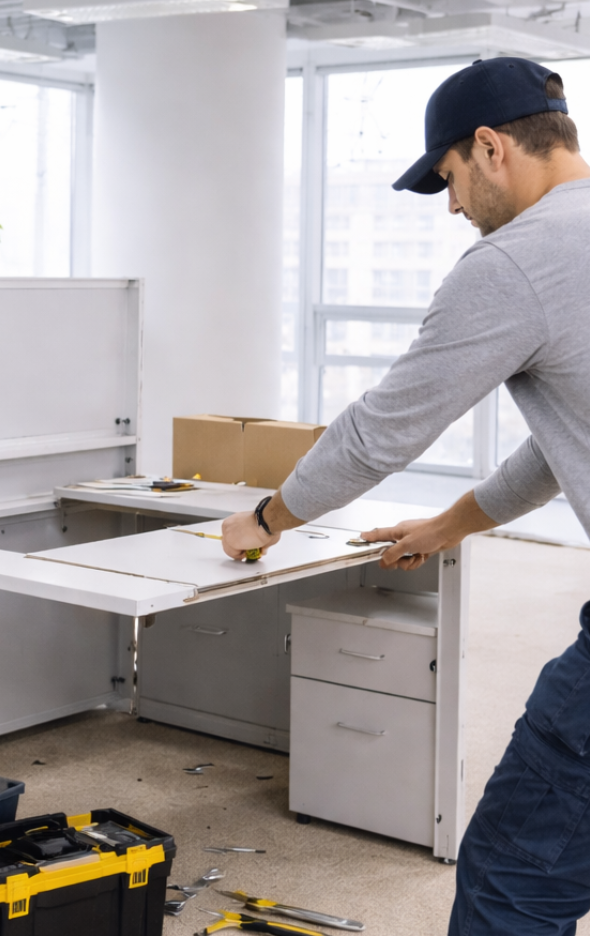 Medewerker is het bureau aan het demonteren tijdens een professionele kantoorontruiming