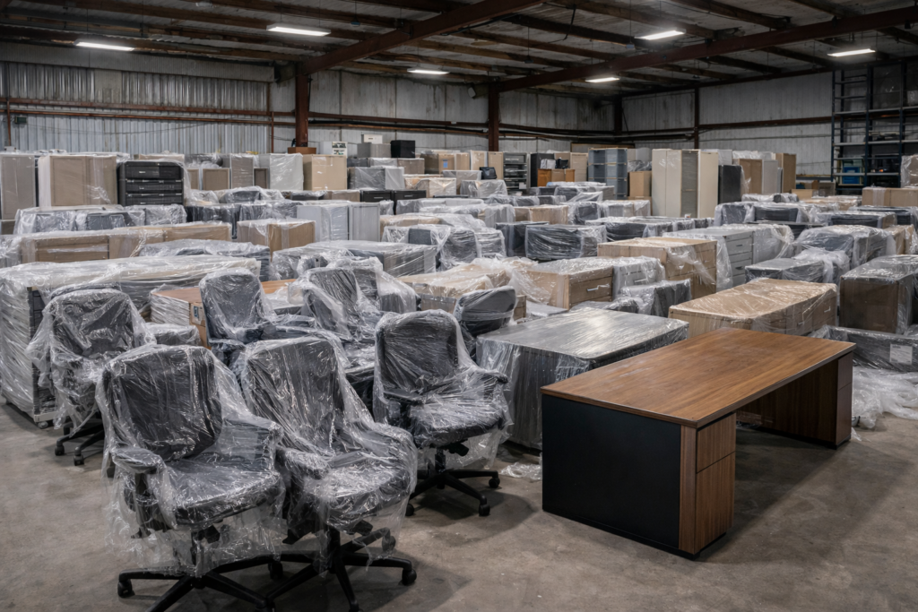 Gedemonteerde werkplekken tijdens een professionele kantoorontruiming