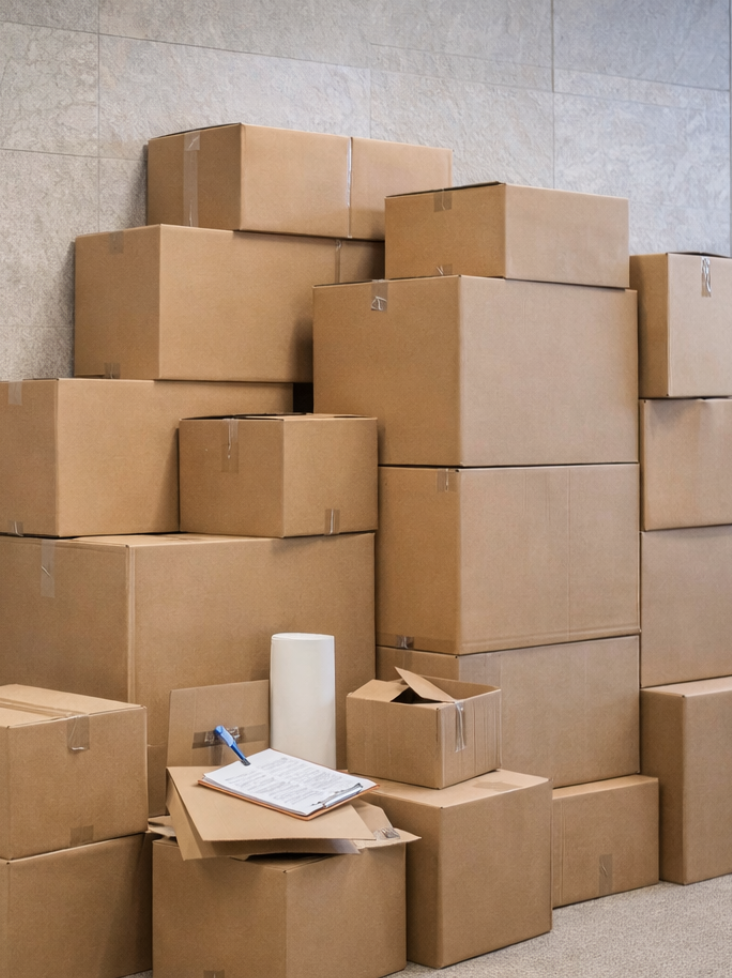 Ingepakte dozen tijdens een kantoorontruiming