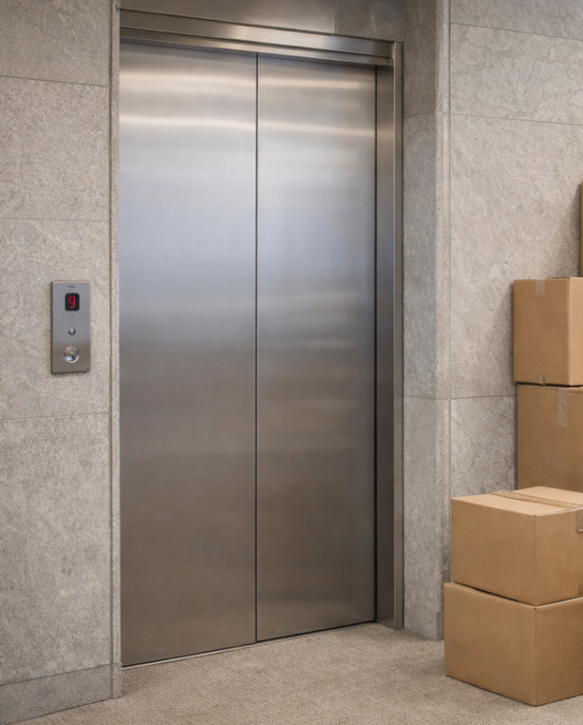 Ingepakte dozen staan klaar bij de lift voor transport tijdens kantoorontruiming